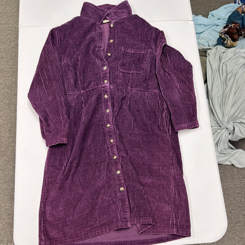 L.L. Bean Corduroy Shirt Dress Womens 12P Purple Excellent Button Front Midi